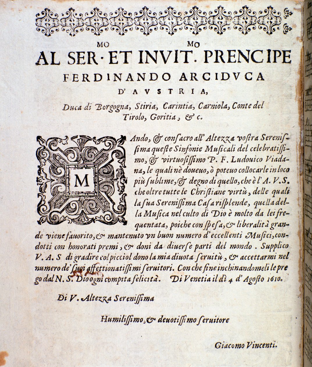 Página de dedicatoria a Fernando de Austria en la partitura musical de Sinfonie musicali de Ludovico Viadana de Unknown artist