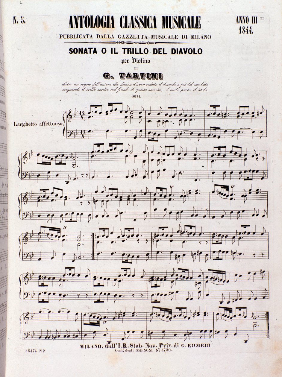 Página de partitura musical de la Sonata del Trino del Diablo (Il trillo del diavolo) de Tartini de Unknown artist