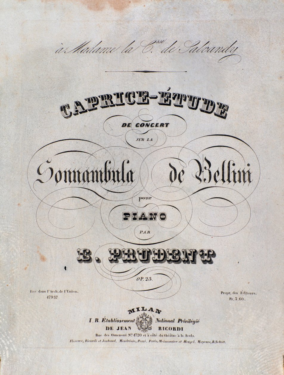 Página de la partitura de un Capricho-estudio para piano de Emile Prudent basado en La sonnambula de Vincenzo Bellini de Unknown artist