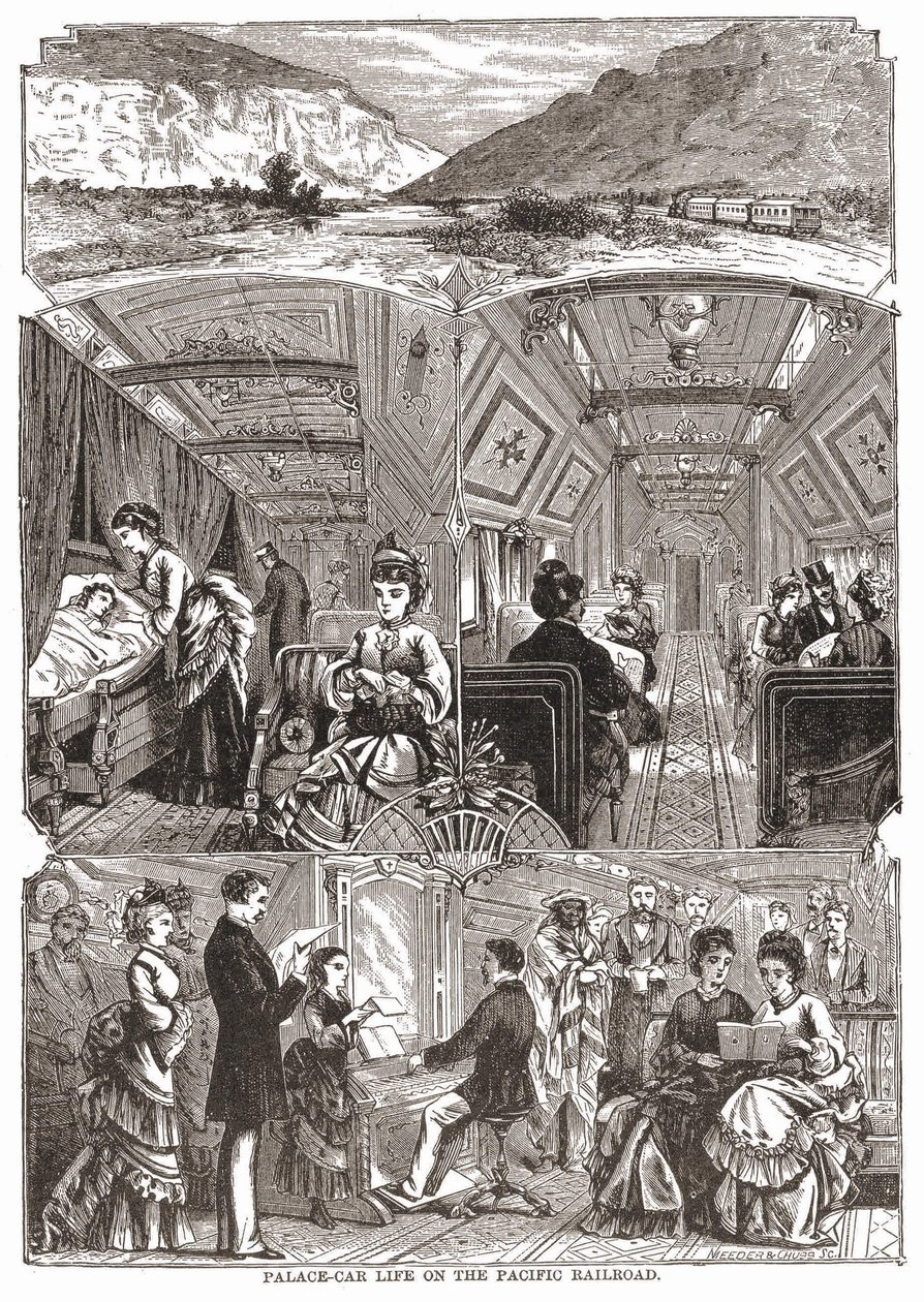 Vida en el vagón-palacio en el Ferrocarril del Pacífico, grabado s. XIX. de Unknown artist