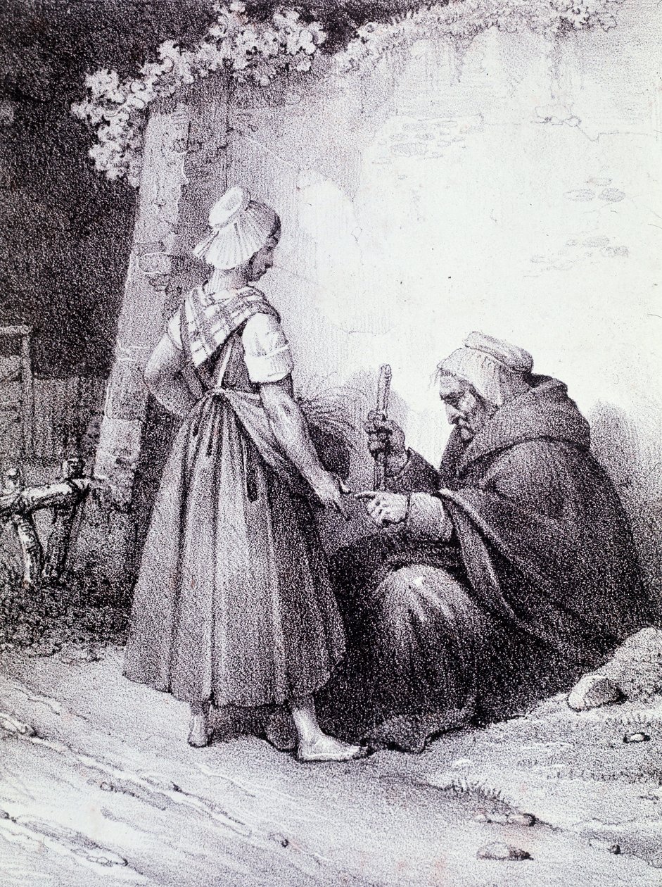 Quiromancia: una vieja adivina lee la mano de una joven (Grabado) de Unknown artist