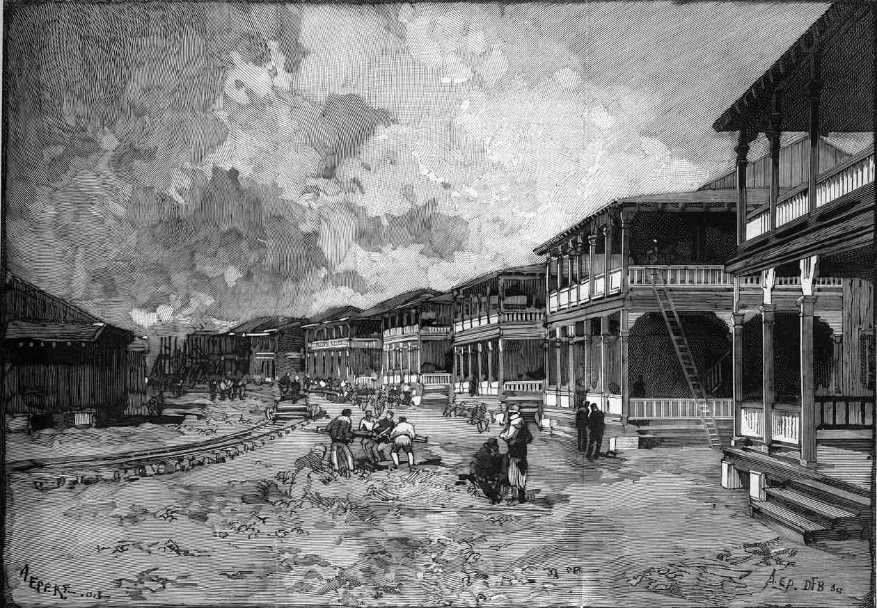Canal de Panamá. Calle de la nueva ciudad de Cristóbal Colón en Colón: viviendas de los trabajadores. Grabado en "Le Monde Illustré" de Unknown artist