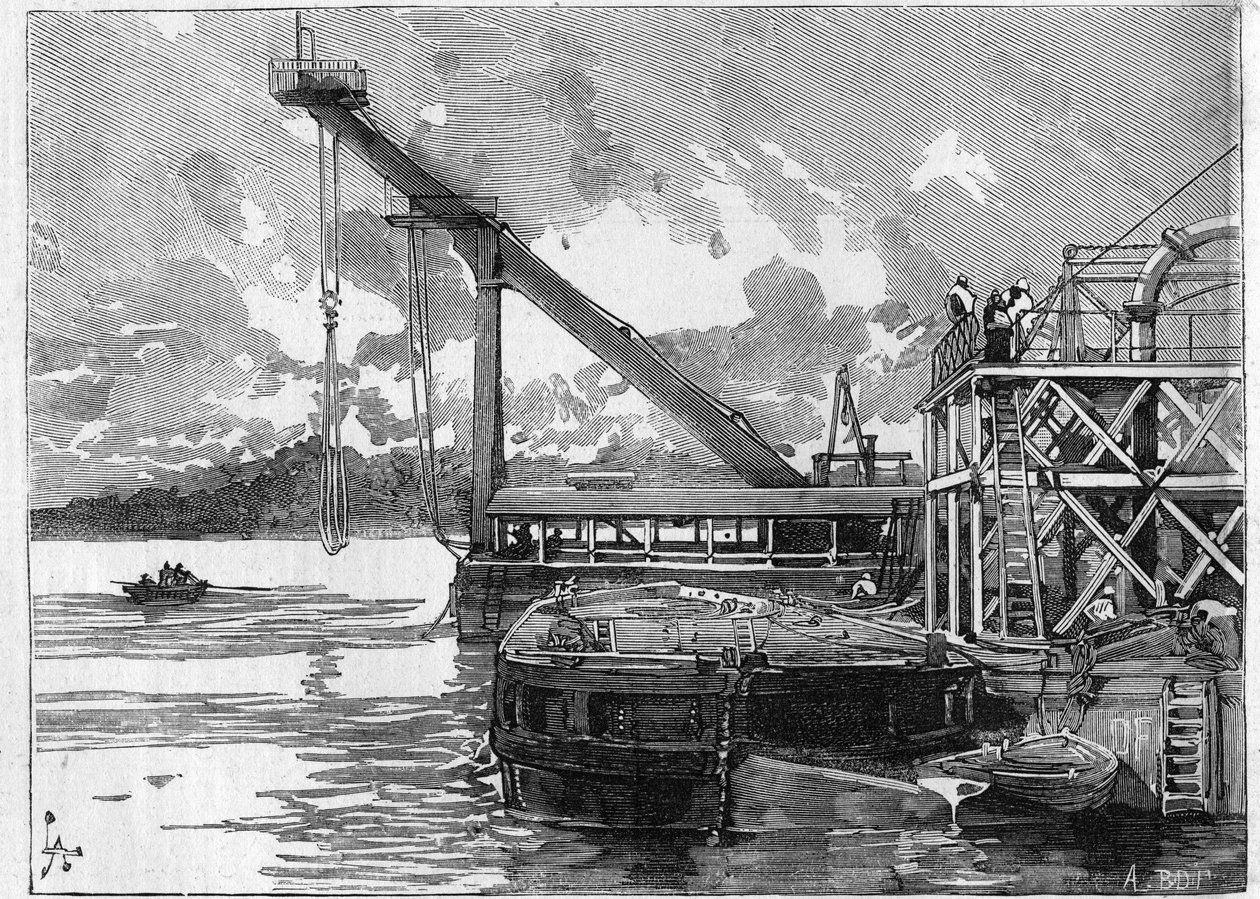 Obras del Canal de Panamá. Principales máquinas: el pontón Bigue. Grabado en "Le Monde Illustré" de Unknown artist