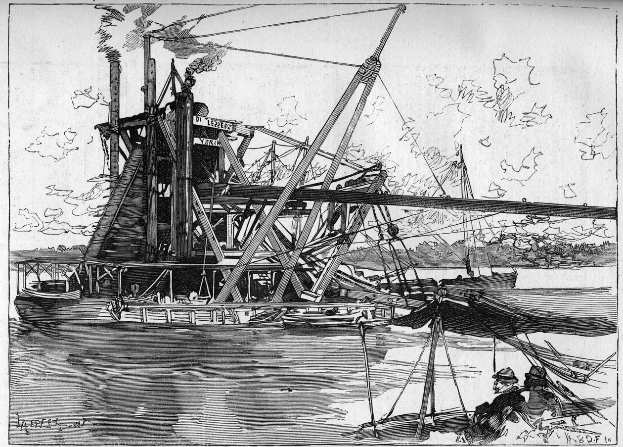 Obras del Canal de Panamá. Máquinas principales: la gran draga americana. Grabado en "Le Monde Illustré" de Unknown artist