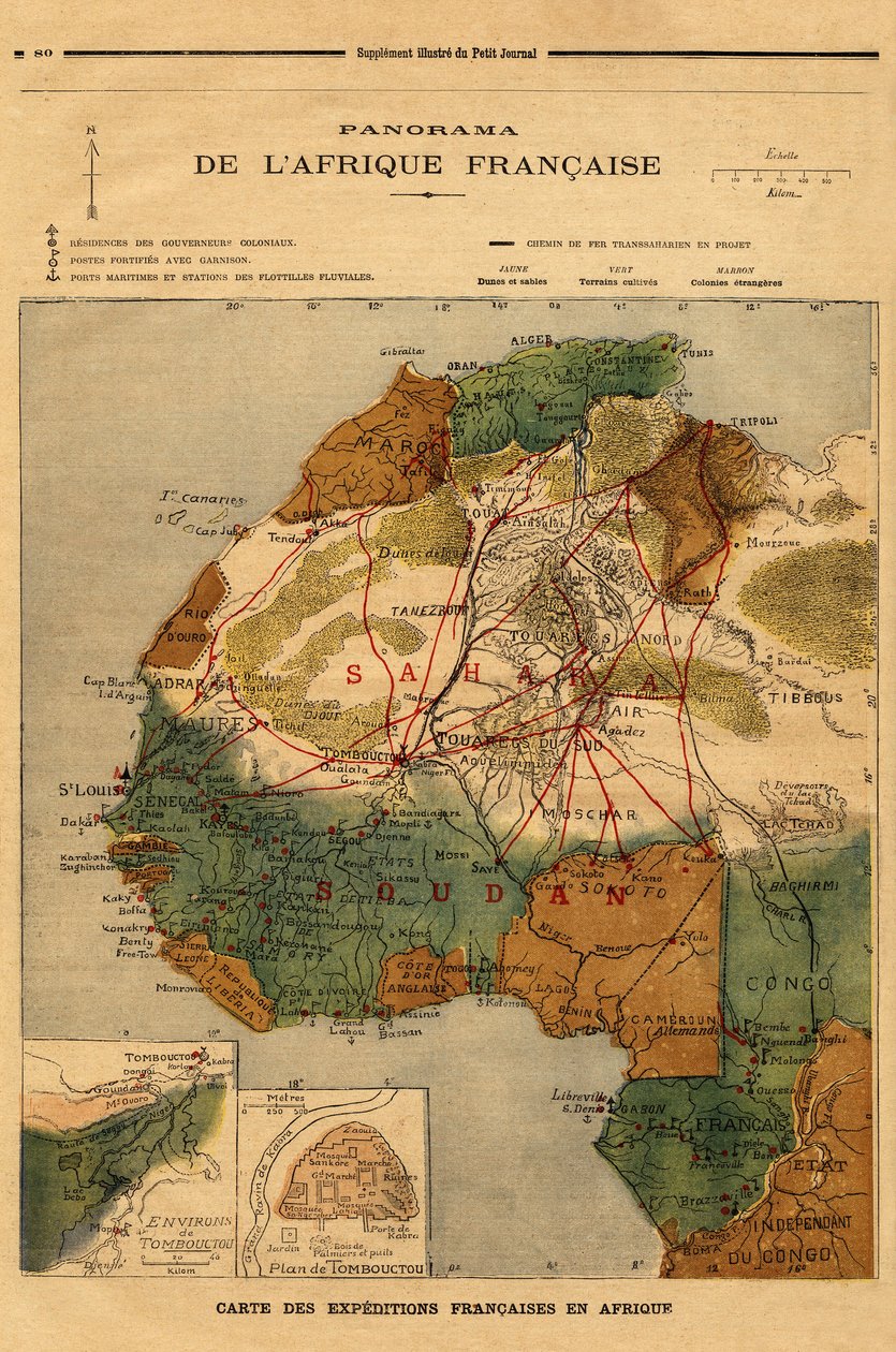 Panorama de África Francesa, mapa de expediciones francesas en África. Grabado en "Le petit journal" 5/03/1894. Colección Selva de Unknown artist