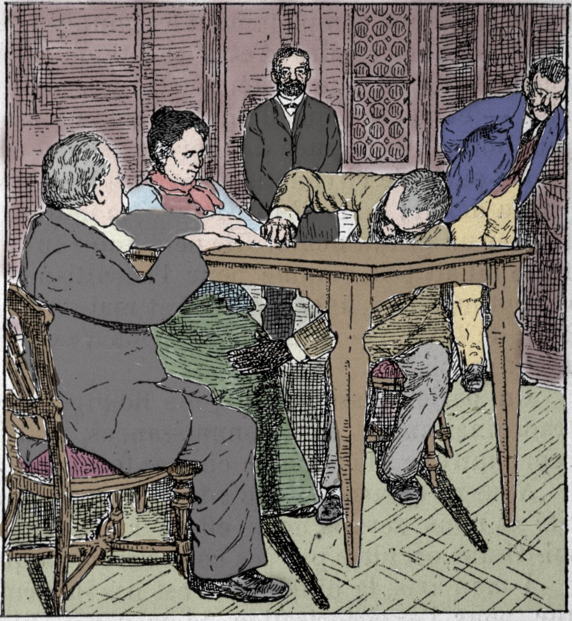 Fenómenos paranormales: experiencia de levitación de una mesa en Milán en 1892 en presencia del médium Eusapia Paladino y Cesare Lombroso (1835-1909) y Charles Richet (1835-1909). de Unknown artist