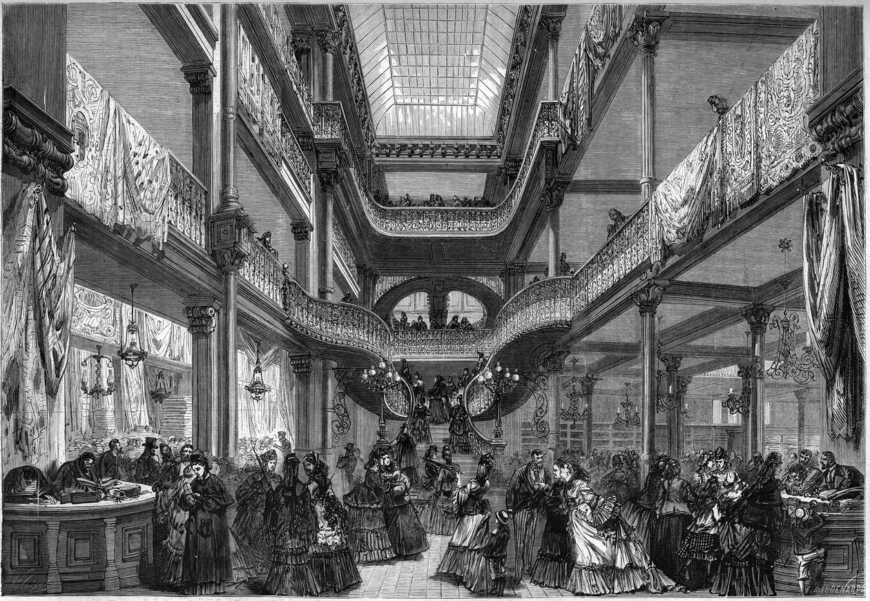 París 1872: interior de nuevas tiendas, “A bajo precio”. de Unknown artist