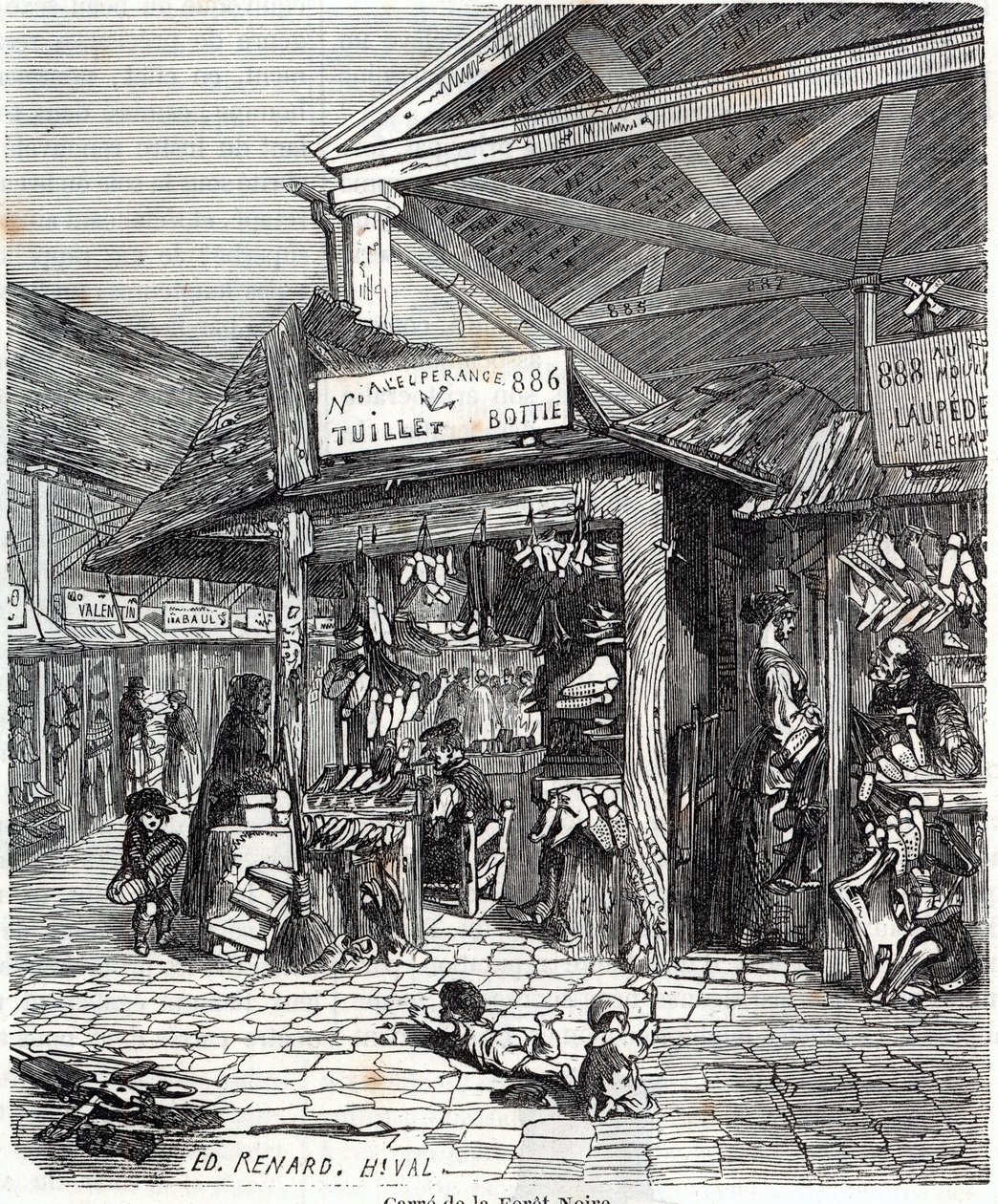 París 3er arrondissement - Carre de la Foret-Noire: venta de cuero y zapatos en Le Carreau du Temple en el siglo XIX - Grabado en “Tableau-de-Paris” de Edmond Texier de Unknown artist