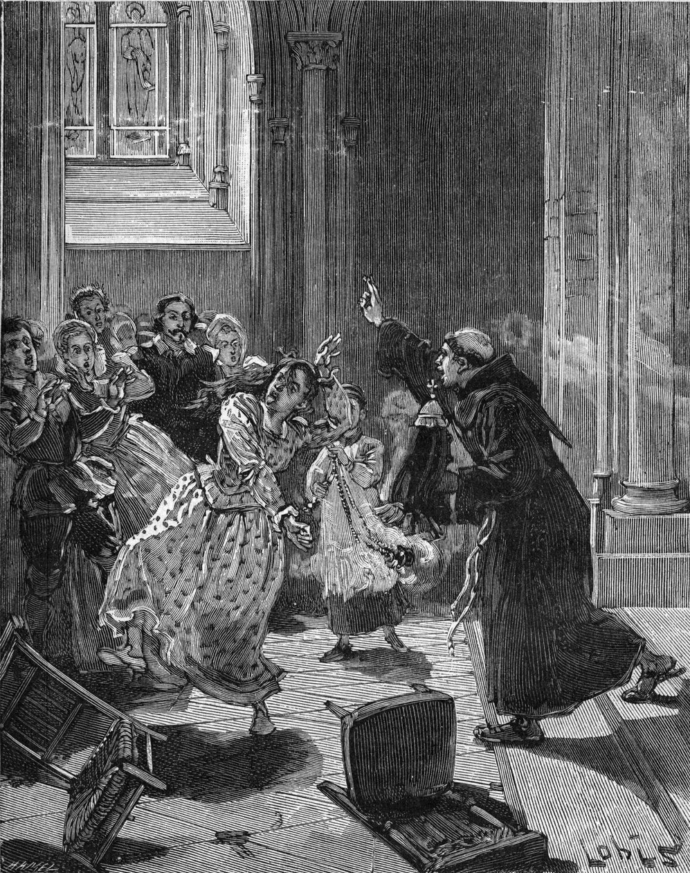 París, Iglesia Sainte Genevieve (1599): un monje capuchino tratando de exorcizar a una mujer, Martha, que afirma estar poseída por el Diablo. Grabado del siglo XIX. En “Histoire de France” de Jules Michelet de Unknown artist