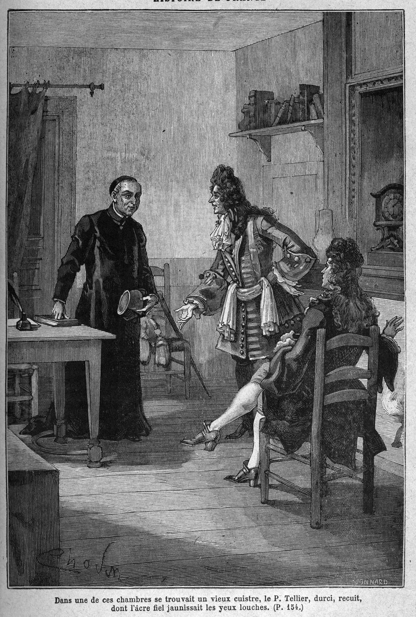 París, Convento de los Jesuitas (ahora Colegio Charlemagne): Padre Michel Le Tellier (1643-1719), confesor jesuita del Rey de Francia Luis XIV. Grabado del siglo XIX. En “Histoire de France” por Jules Michelet de Unknown artist
