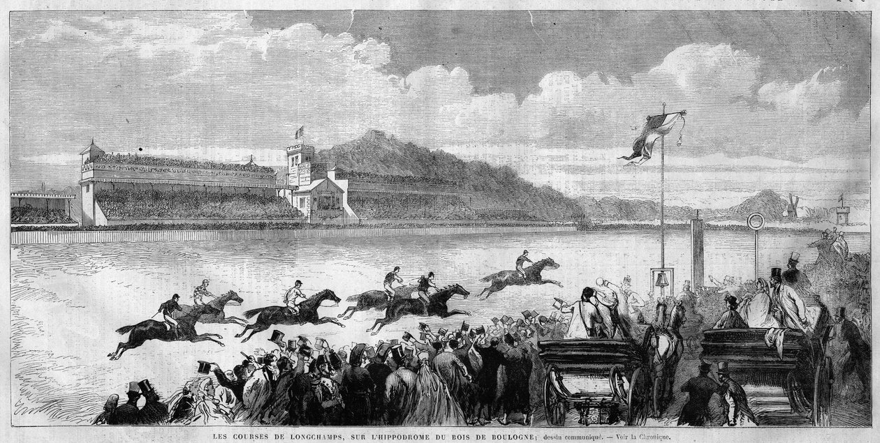 París, carrera en el hipódromo de Longchamps en el Bois de Boulogne, ampliado y diseñado por Haussmann e inaugurado en 1857, en "L