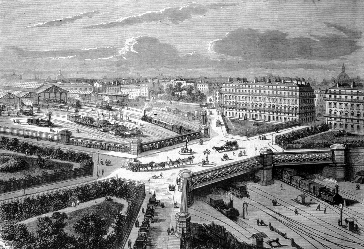 París, el nuevo lugar de Europa en los ferrocarriles occidentales. 1868. Grabado del siglo XIX de Unknown artist