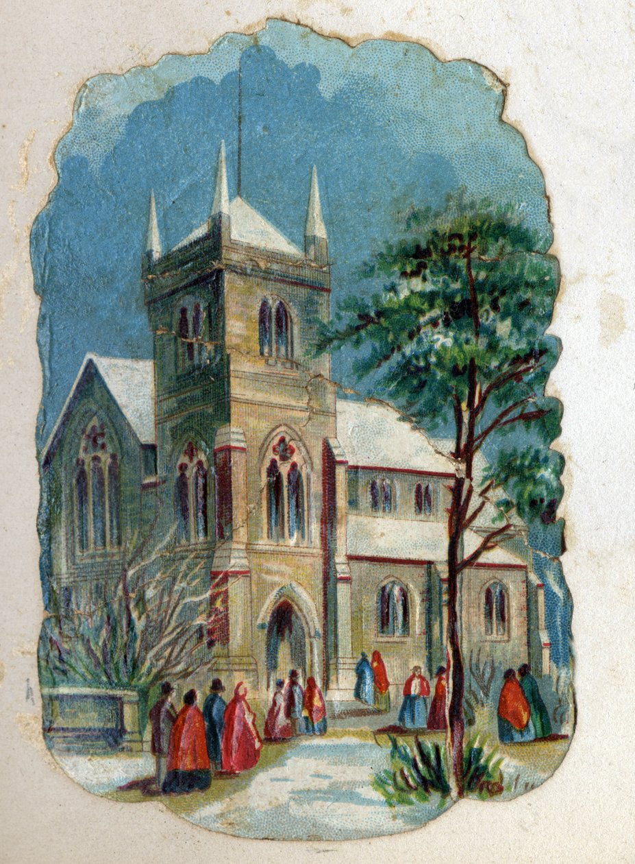 Feligreses yendo a una iglesia para la misa dominical. Cromolitografía alrededor de 1890. de Unknown artist