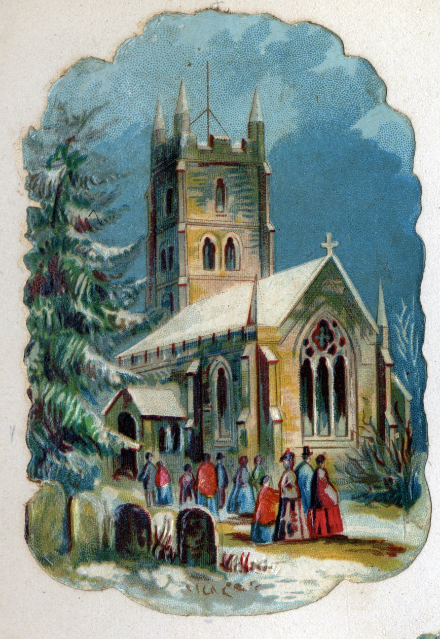Feligreses yendo a una iglesia para la misa dominical. Cromolitografía alrededor de 1890. de Unknown artist