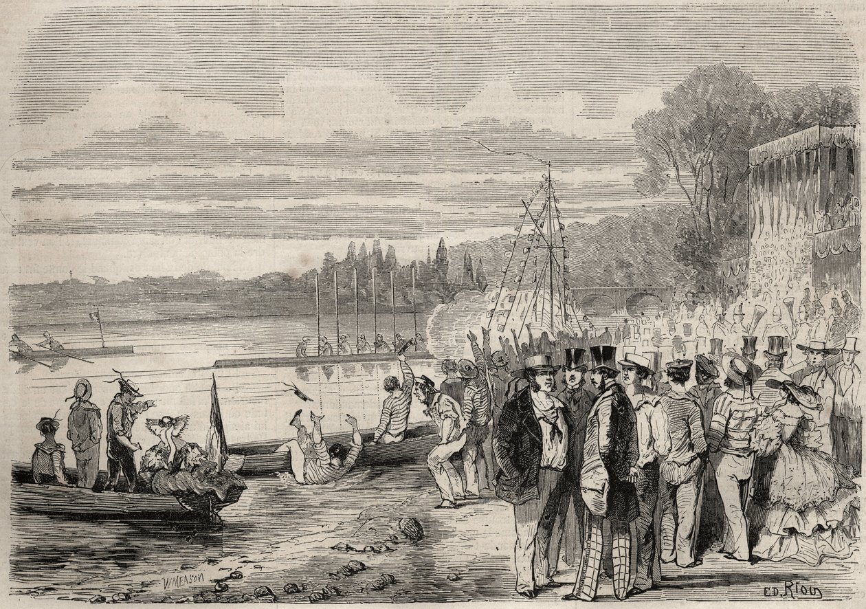 Piragüistas parisinos. Regatas de Saint-Cloud en 1857. Grabado en “Le Monde illustré” de 1857. Colección privada. de Unknown artist