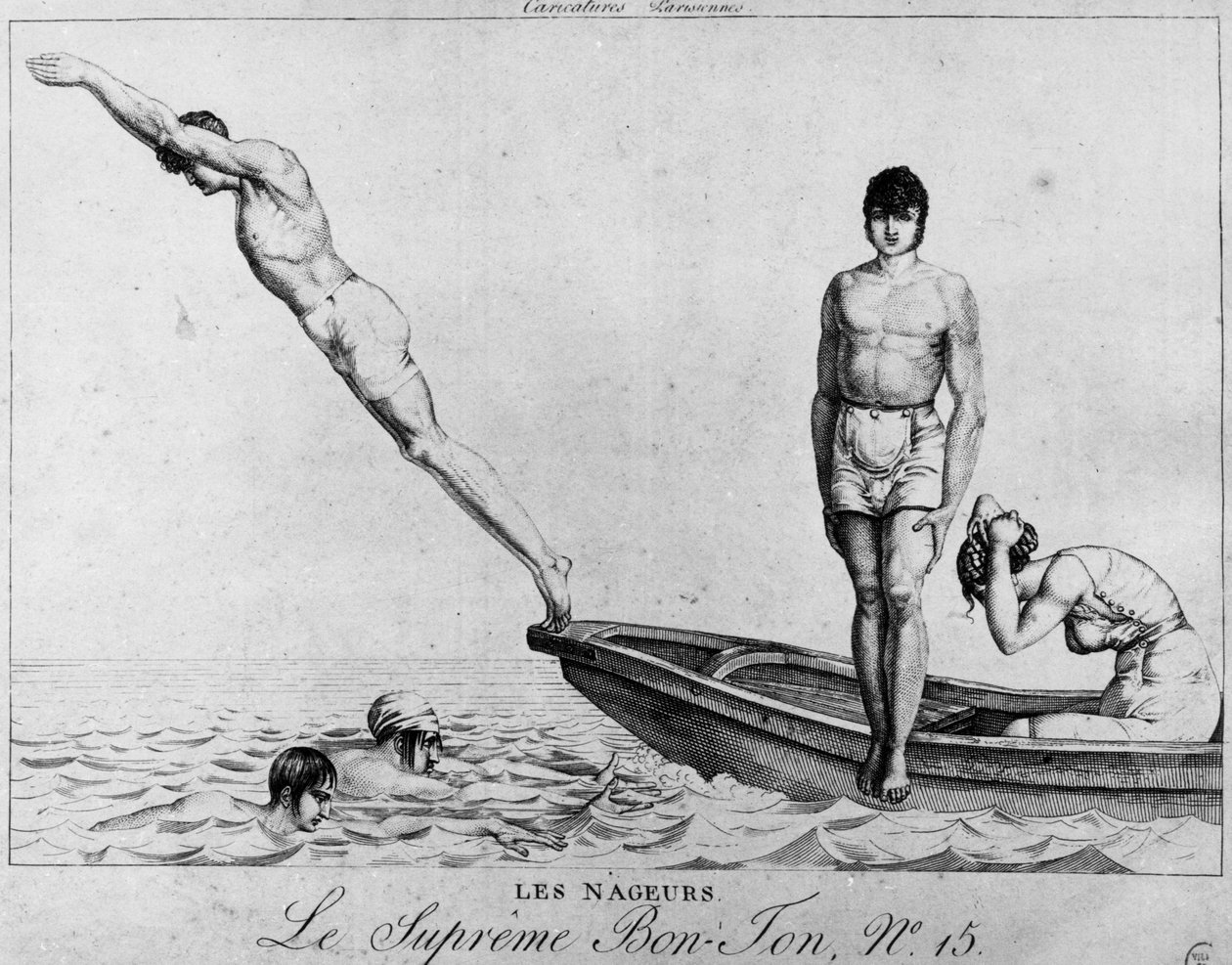 Caricatura parisina: nadadores, hombres saltando de un bote - el supremo Bon-Ton, n°15, Museo Carnavalet de Unknown artist