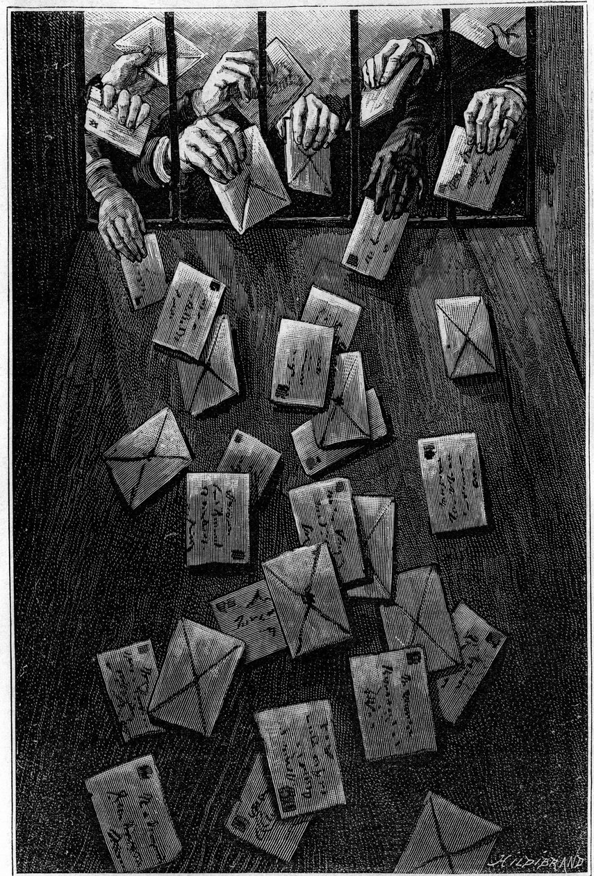 Los parisinos depositan su correo en la oficina principal de la Rue de Louvre antes de la última mañana. Grabado en el diario "La juventud". de Unknown artist