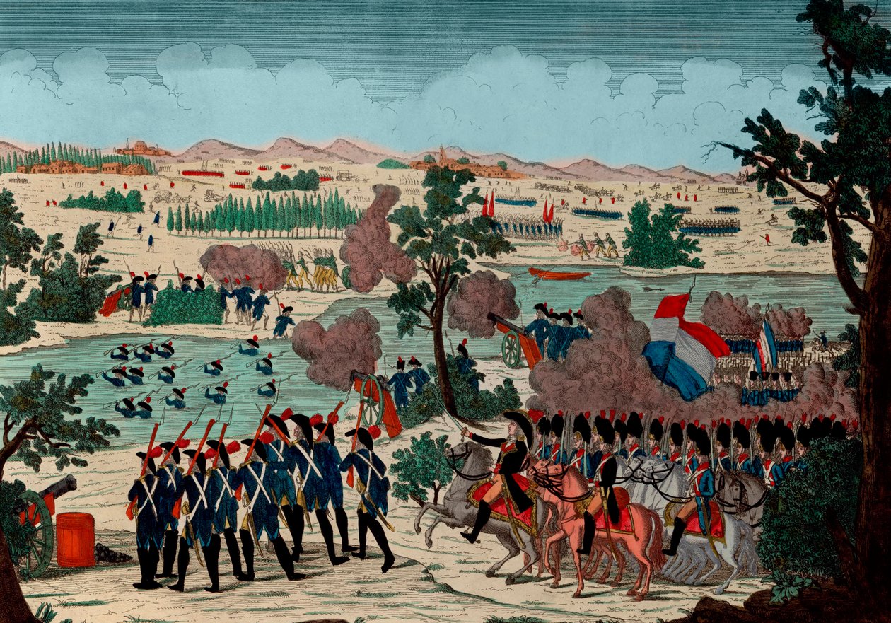 Paso del Mincio el 11 de Prairial año IV (20 de diciembre de 1800) por los granaderos franceses. Bajo la mirada de Bonaparte General en Jefe - Grabado - 1800 - La Batalla de Pozzolo (también conocida como la Batalla del Río Mincio, y Monzambano) - El paso de Unknown artist