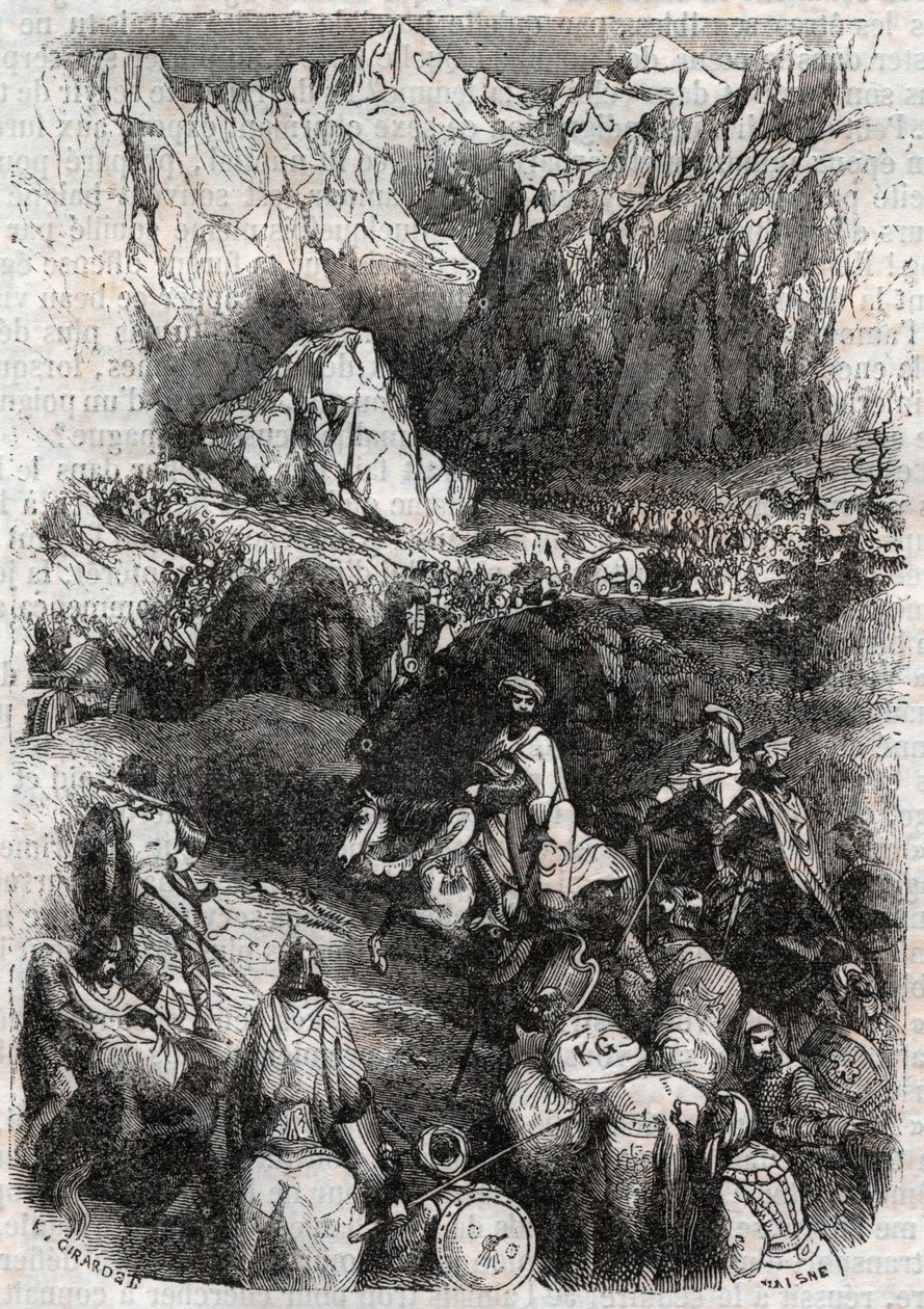 Paso de los Pirineos por los moros - grabado de 1851 de 
