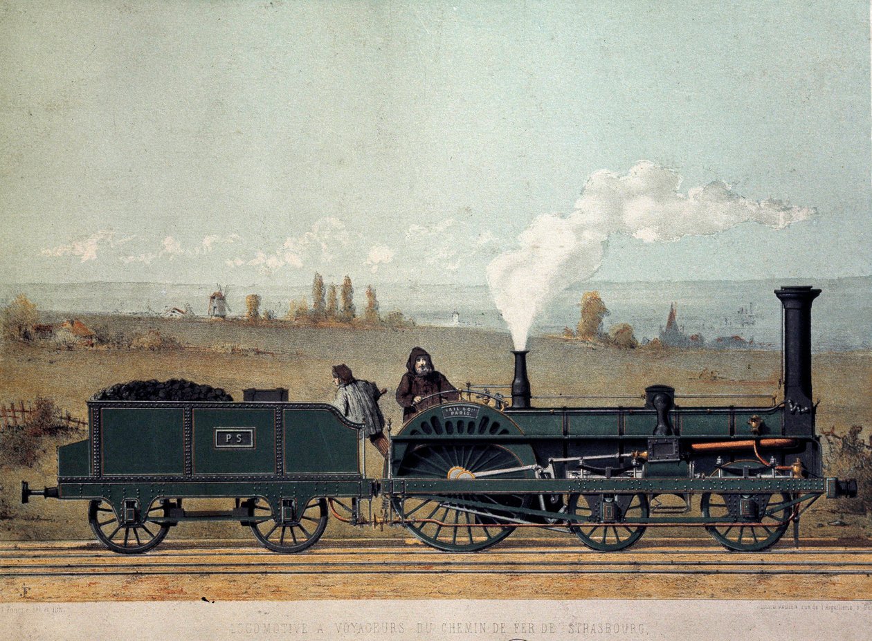 Locomotora de pasajeros y vagón de carbón del Ferrocarril de Estrasburgo (sistema Crampton) de Unknown artist