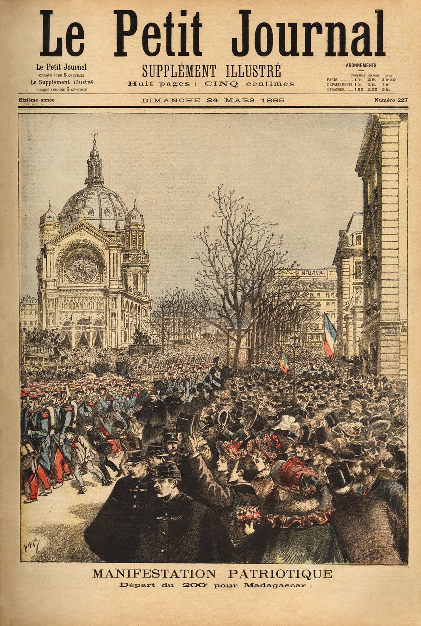 Demostración patriótica en París, para la partida del 200º regimiento hacia Madagascar. Grabado en “Le petit journal” 24/03/1895. Colección Selva de Unknown artist
