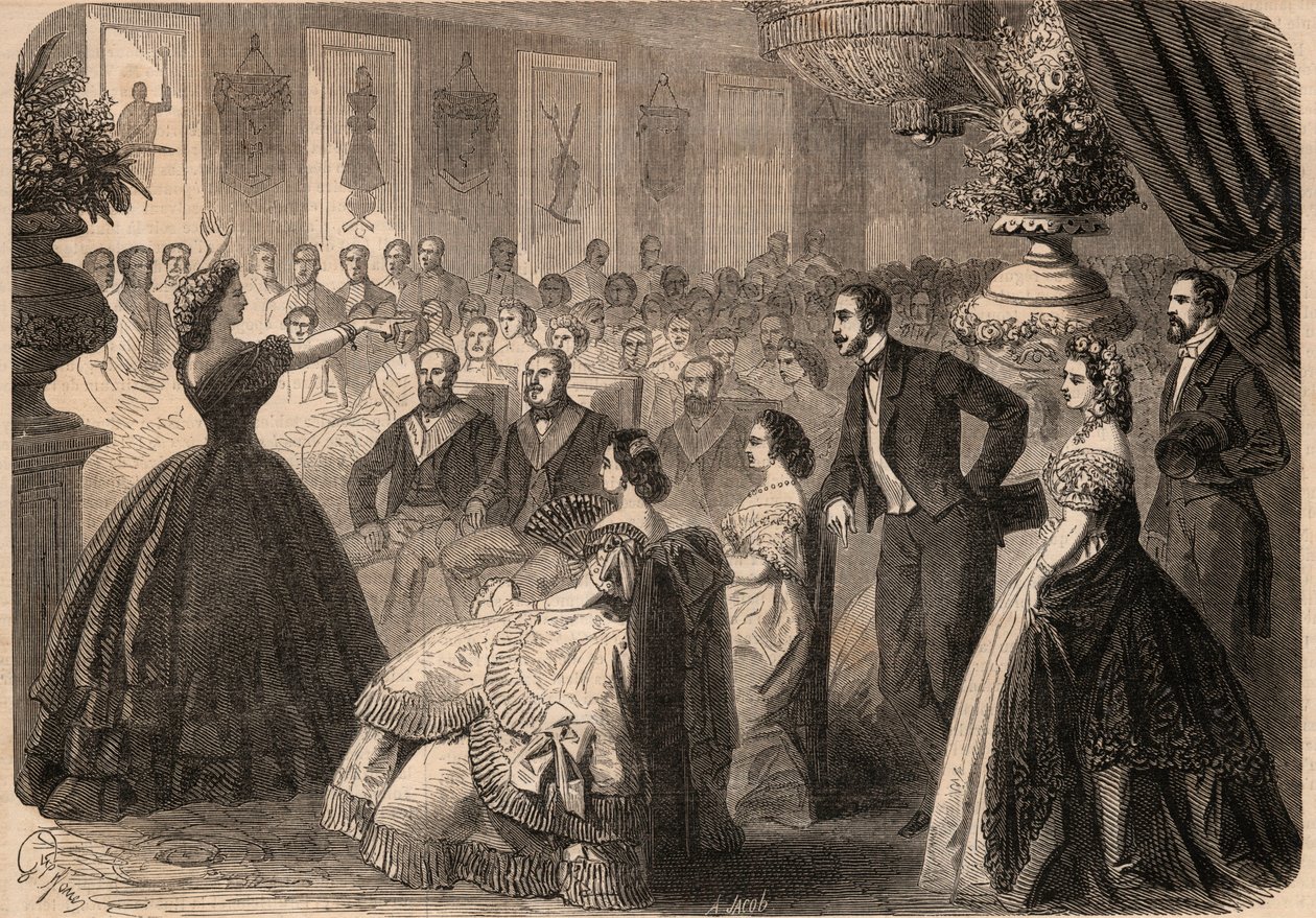 Pauline Viardot-Garcia (1821-1910), cantante francesa en la Fiesta de Caridad dada por la Logia Masónica “La perseverante amistad” en el Gran Oriente de París. Grabado en “Le Monde illustré” de 1862. Colección privada. de Unknown artist