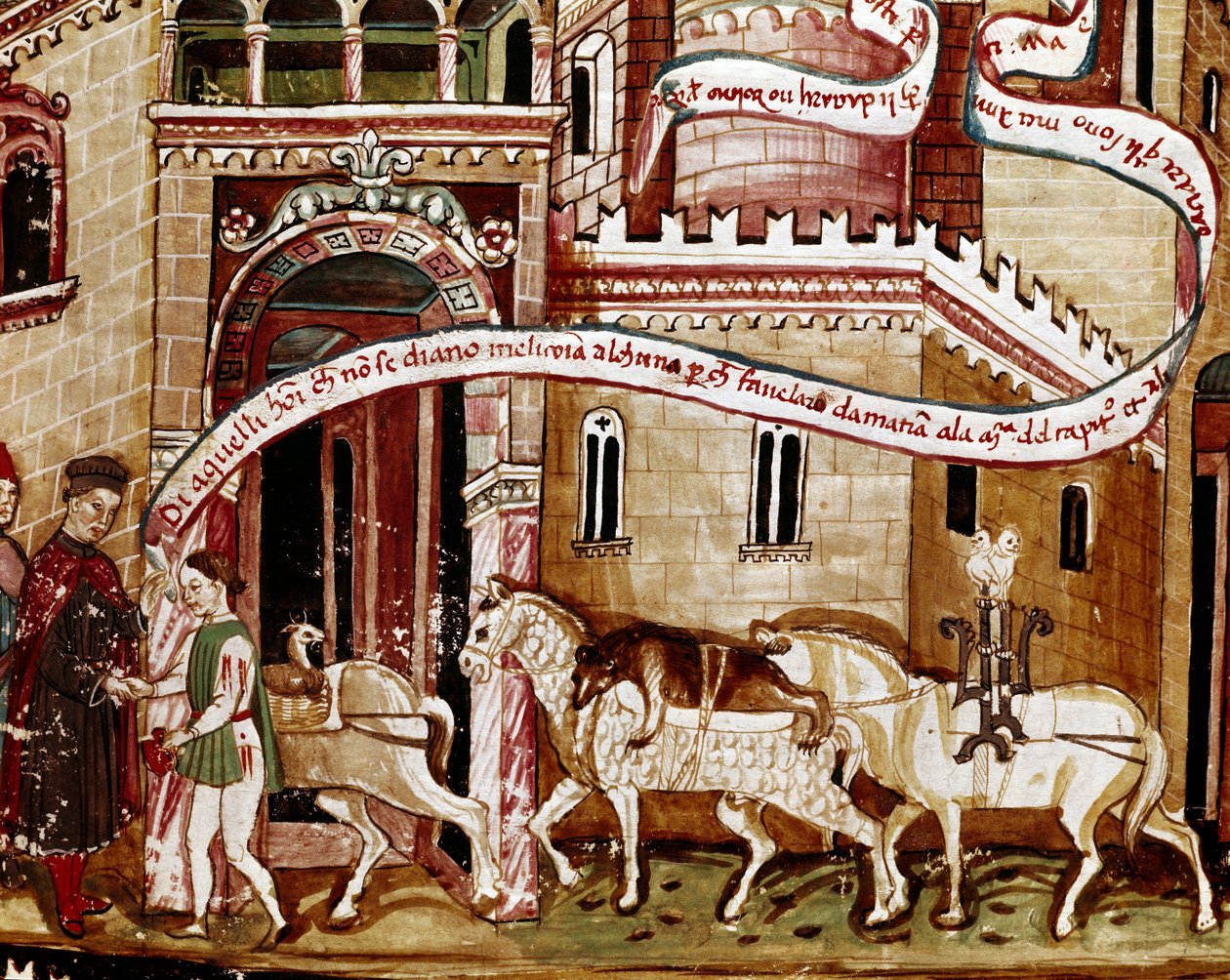 Pago del impuesto de la sal en la entrada de la ciudad (gabela). Miniatura del manuscrito (Ms. H V-5) 