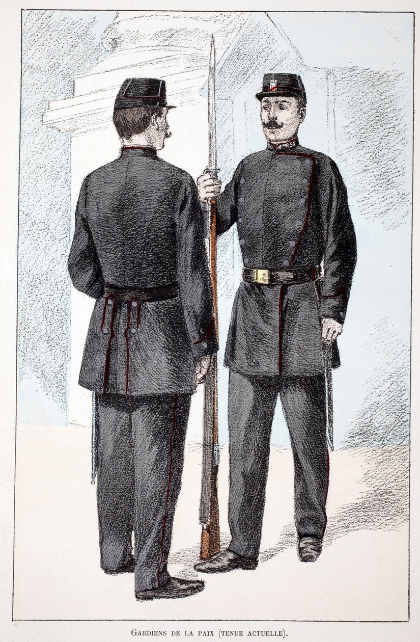 Guardianes de la paz (período de Lepine). Aguafuerte en colores, para ilustración “Historia del cuerpo de los guardianes de la paz” libro publicado bajo los auspicios de Louis Lepine (1846-1933) prefecto de policía de la Sena, por Alfred Rey y Louis Feron de Unknown artist
