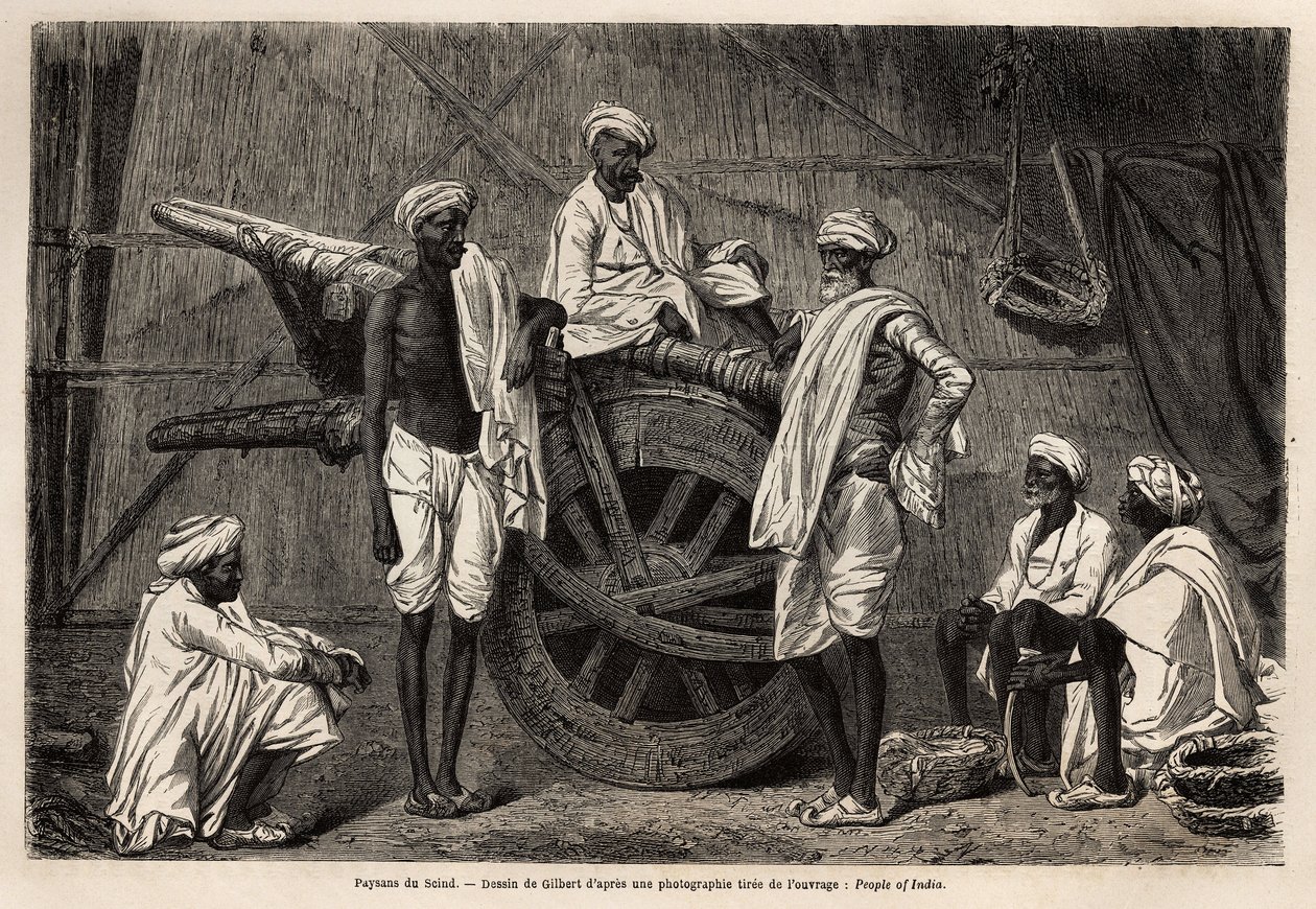 Campesinos de Scind (región de Punjab, India), junto a su maquinaria agrícola. Grabado para ilustrar el viaje a Punjab y Cachemira, historia por Guillaume Lejean, en 1866, publicado en "Le tour du monde, nouveau journal des voyages", bajo la dirección de E de Unknown artist
