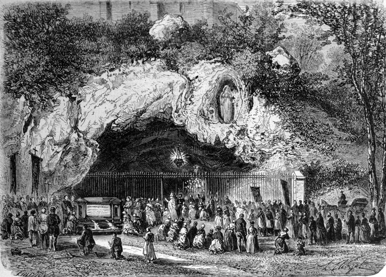 Peregrinos frente a la cueva milagrosa de Lourdes en los Altos Pirineos donde la Virgen apareció a Bernadette Soubirous (1844-1879) en 1858, actual lugar de peregrinación. Grabado del siglo XIX de Unknown artist
