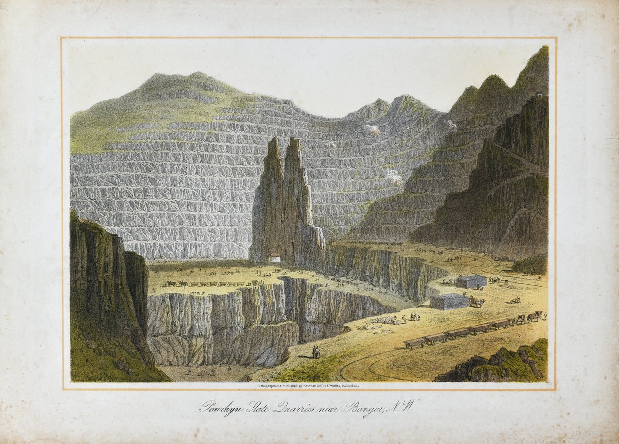 Canteras de pizarra de Penrhyn, cerca de Bangor, Gales del Norte (litografía coloreada a mano sobre papel) de Unknown artist
