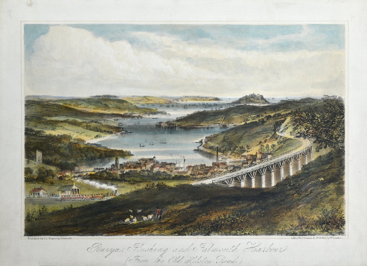 Penryn, Flushing and Falmouth Harbours (from the Old Helton Road), c.1860-80 (litografía coloreada sobre papel) de Unknown artist