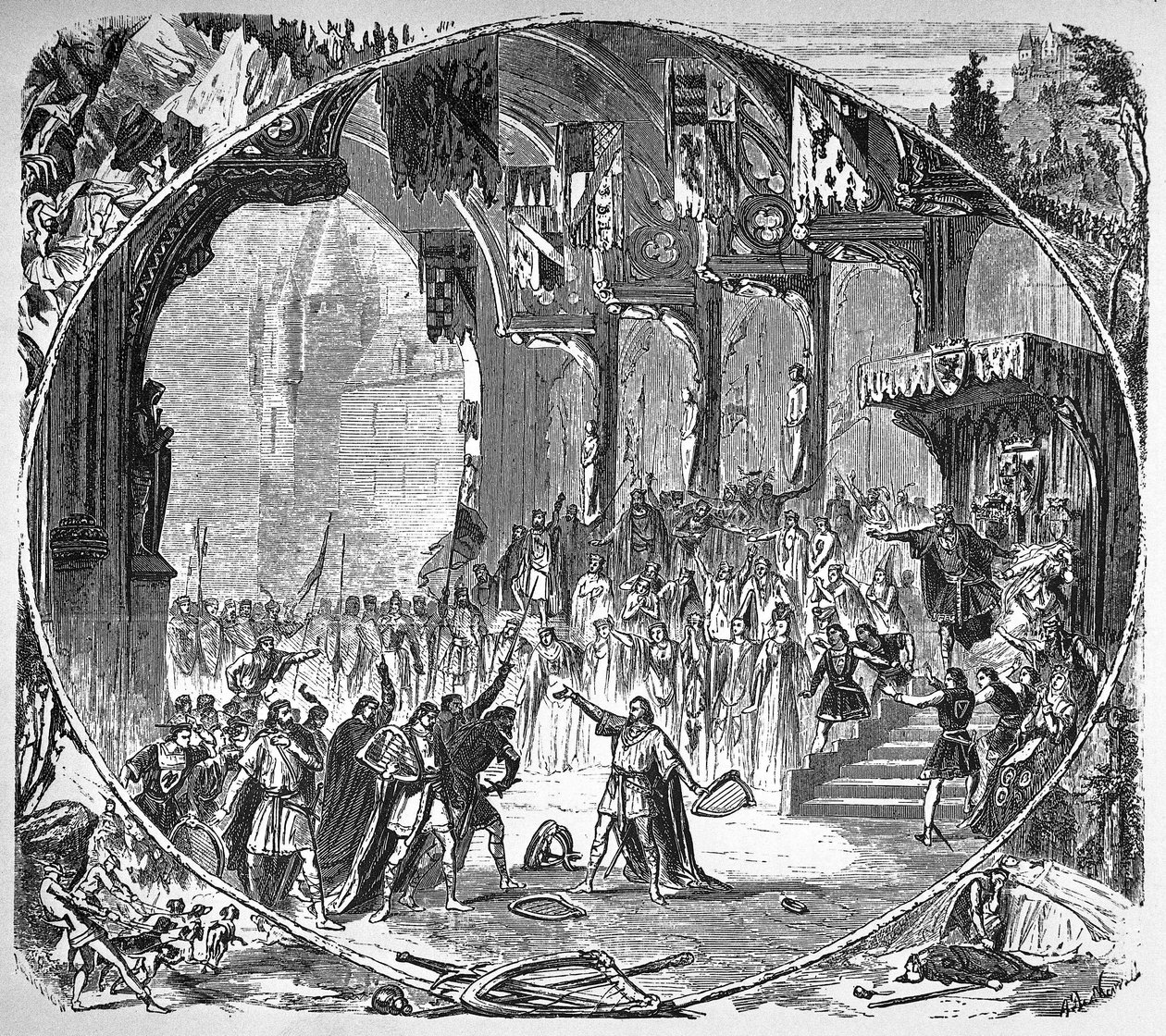 Representación de “Tannhauser” de Richard Wagner en la Ópera de París en 1861. Escena final del segundo acto. Dibujo de Alphonse de Neuville. de Unknown artist