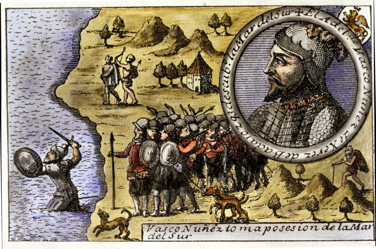 Actuación de Vasco Núñez de Balboa (1475-1517), navegante español que fue uno de los primeros en descubrir el Océano Pacífico al cruzar el Estrecho de Darién. Grabado de Unknown artist