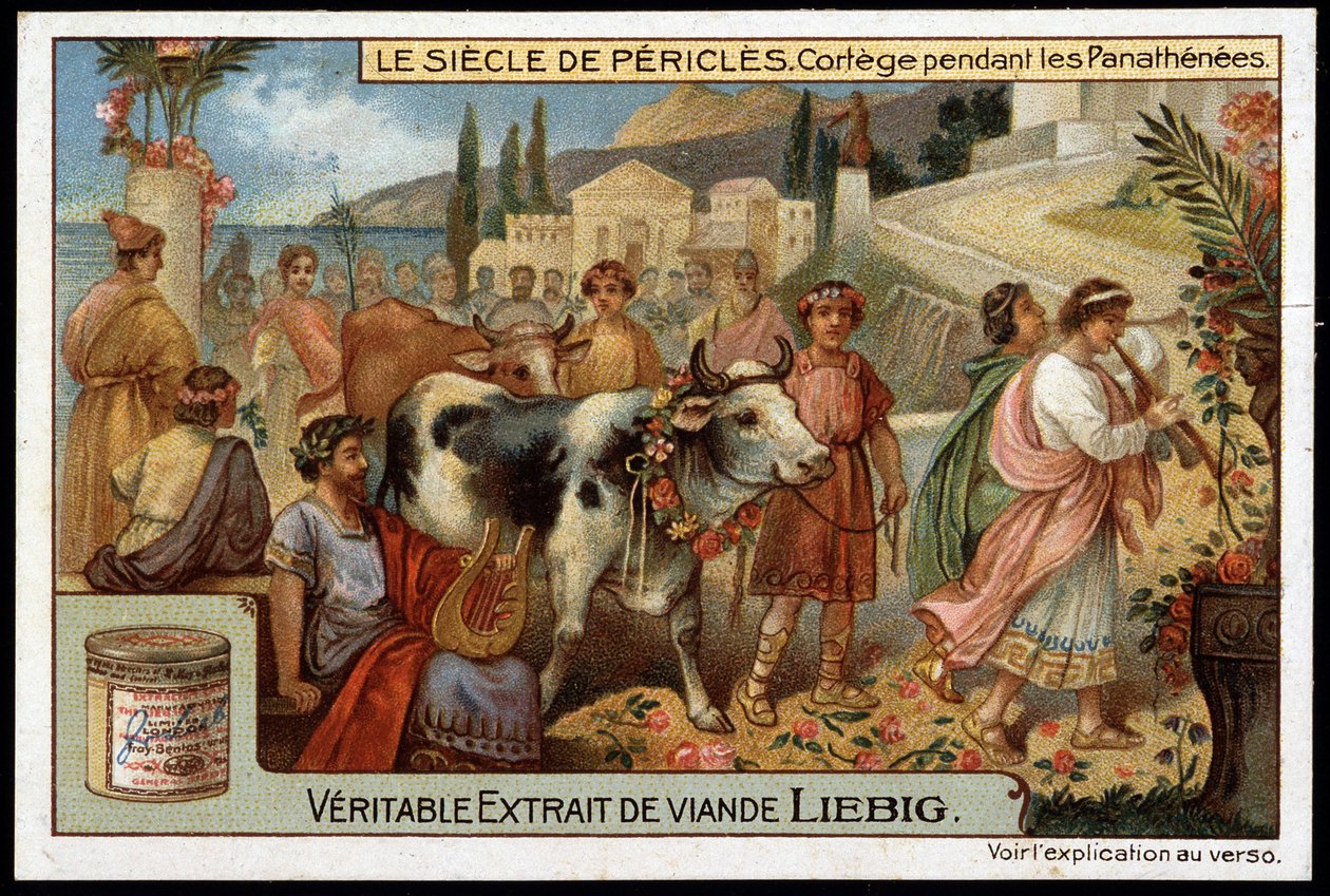 Siglo de Pericles (495-429 a.C.): cortejo durante las panateneas - Cromolitografía de Liebig de Unknown artist