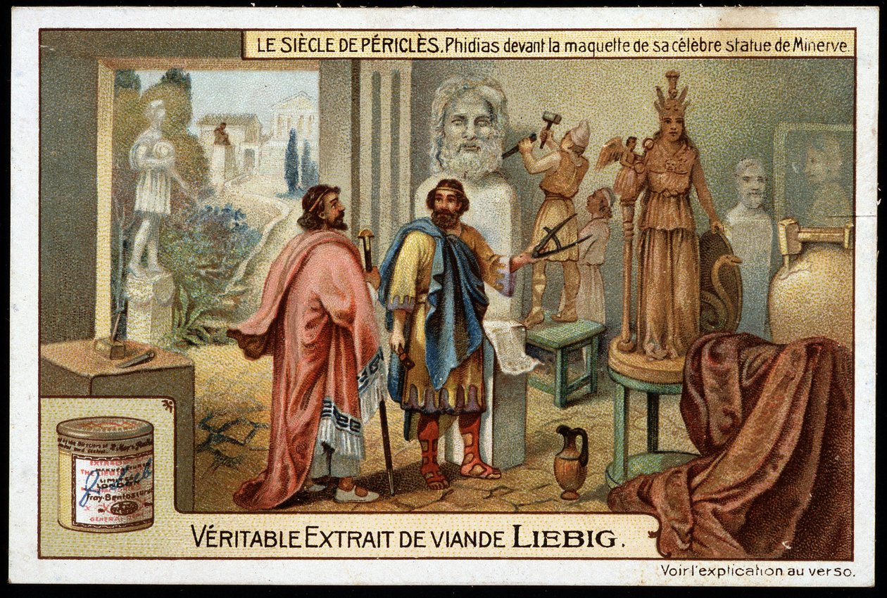 Pericles siglo (495-429 a.C.): el escultor Fidias (490-430 a.C.) frente al modelo de su famosa estatua de Minerva - cromolitografía de Liebig de Unknown artist
