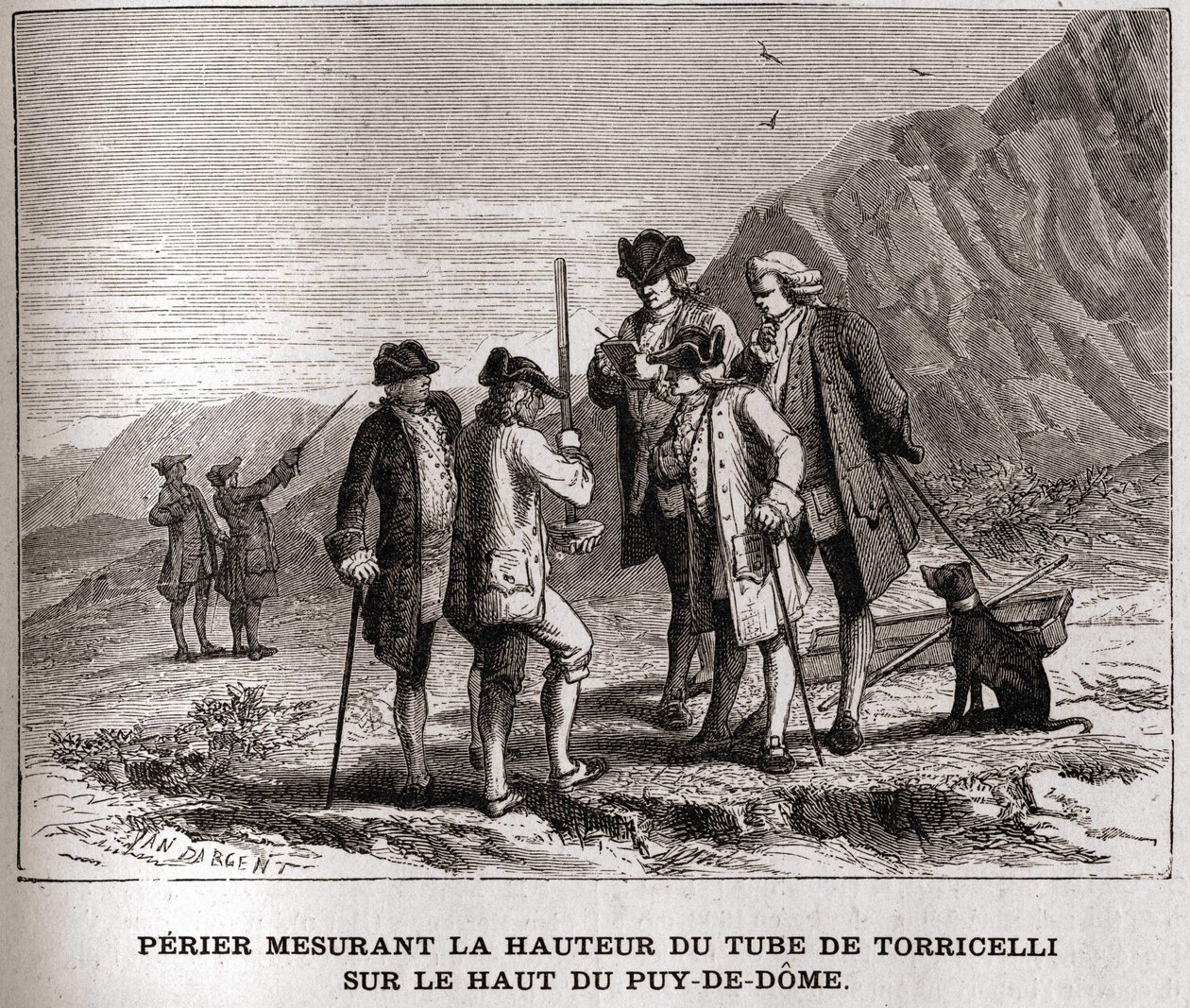 Perier midiendo la altura del barómetro (tubo de mercurio) por Evangelista Torricelli en la cima del Puy-de-Dôme el 20 de septiembre de 1618, grabado del siglo XIX, colección Bianchetti de Unknown artist