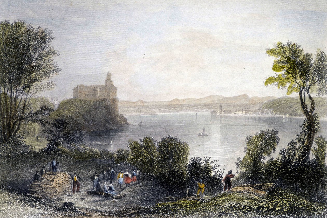 Castillo de Persenberg en Alemania. En primer plano, los carpinteros trabajando. Grabado del siglo XIX de Unknown artist