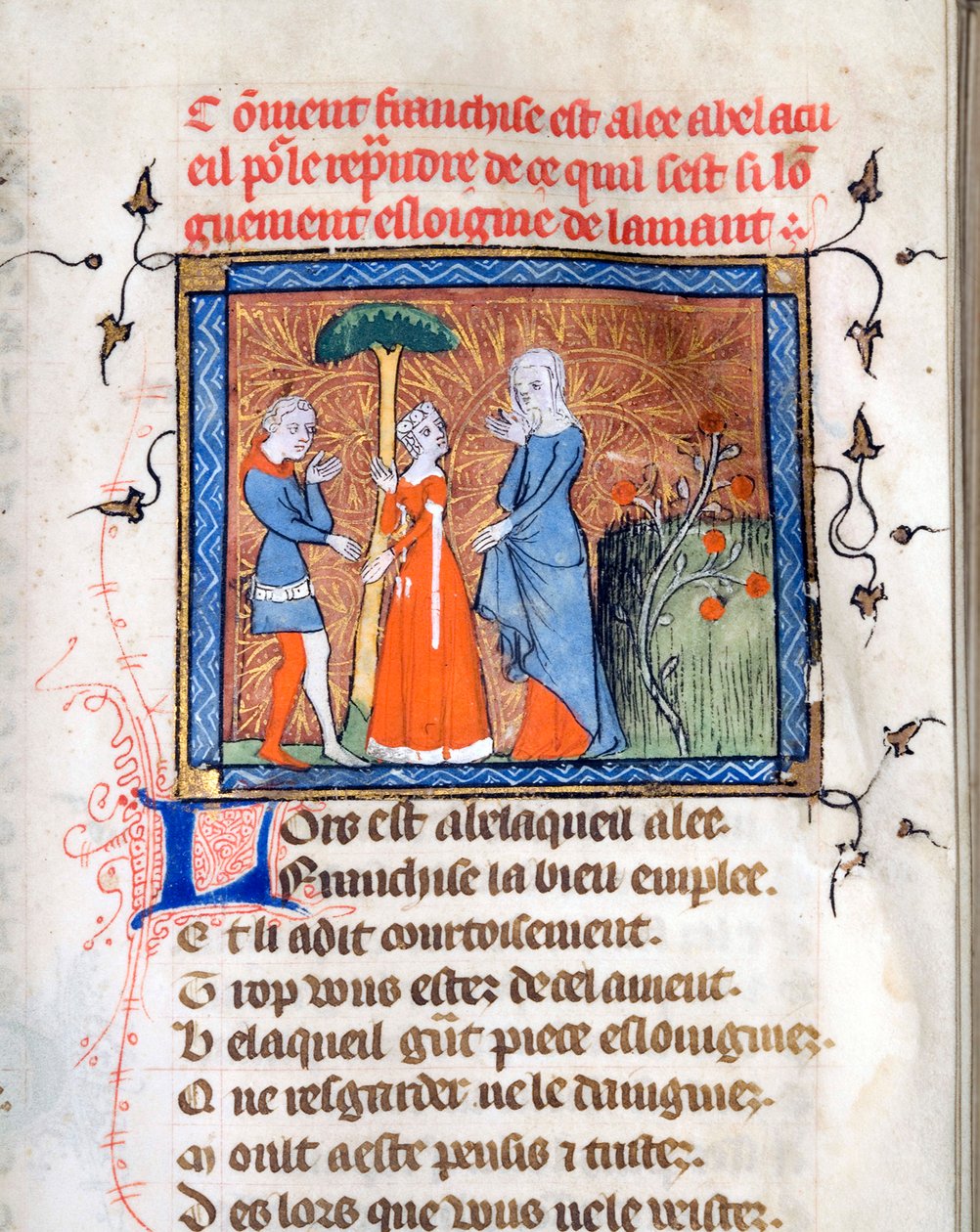 ""Personajes en conversación"" Página iluminada del manuscrito ""Le Roman de la Rose"" de Guillaume de Lorris (alrededor de 1200-1238) y Jean de Meun (Meung) (1240-1305) alrededor de 1365 Estados bibliotecarios de la Universidad de Chicago Unido de Unknown artist