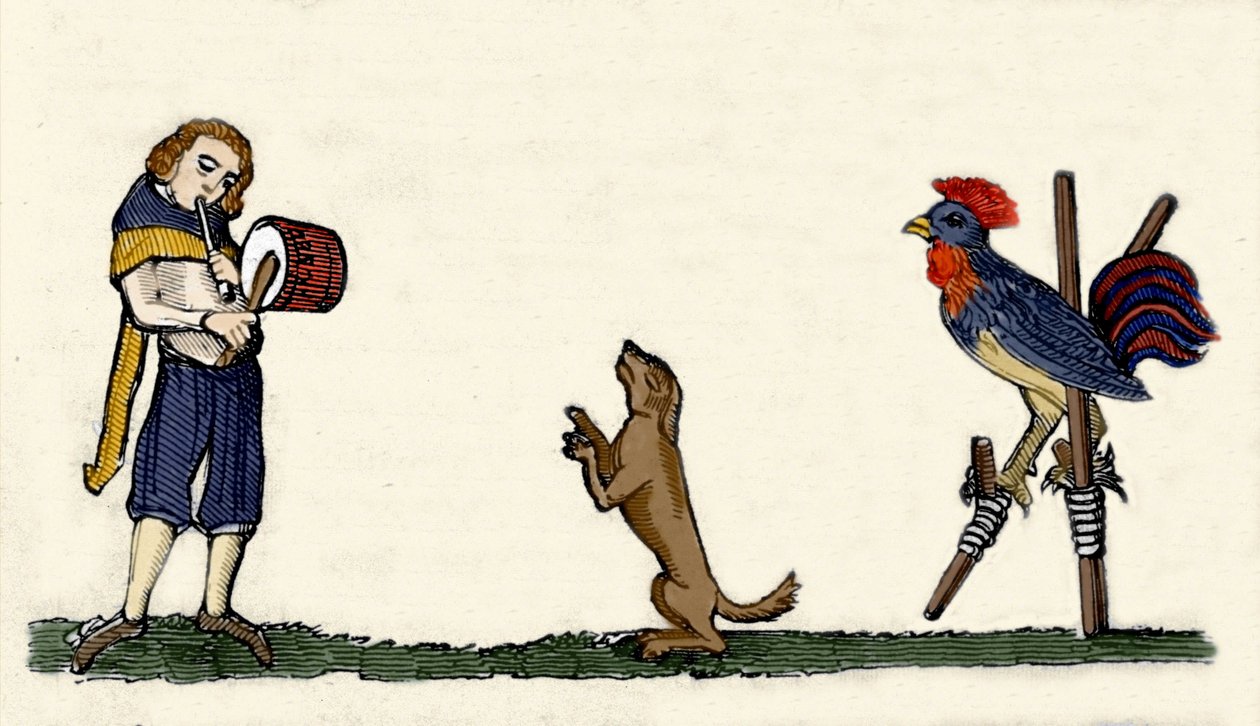 Mascotas entrenadas: un perro y un gallo bailan sobre zancos al ritmo del tambor. Grabado de un manuscrito de 1344 de la biblioteca Bodleyan de Oxford de Unknown artist