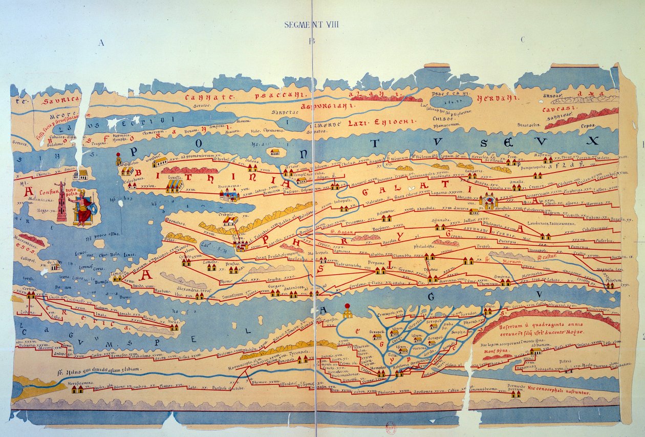 Tabla de Peutinger representando las vías romanas en Egipto y Turquía. Mapa de carreteras del siglo XIII basado en un mapa del Imperio Romano del siglo III. París, BN de Unknown artist