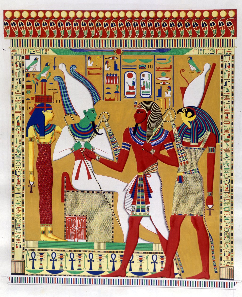 Faraón Merenptah I (o Mineptah, Merneptah) (1213-1204 a.C.) guiado por Horus en presencia de Osiris y Athyr infernal. De izquierda a derecha: Athyr, Osiris, Merenptah I y Horus. (Biban-el-Moluk) - en "Monumentos de Egipto y Nubia Superior" de Ippolito Rose de Unknown artist