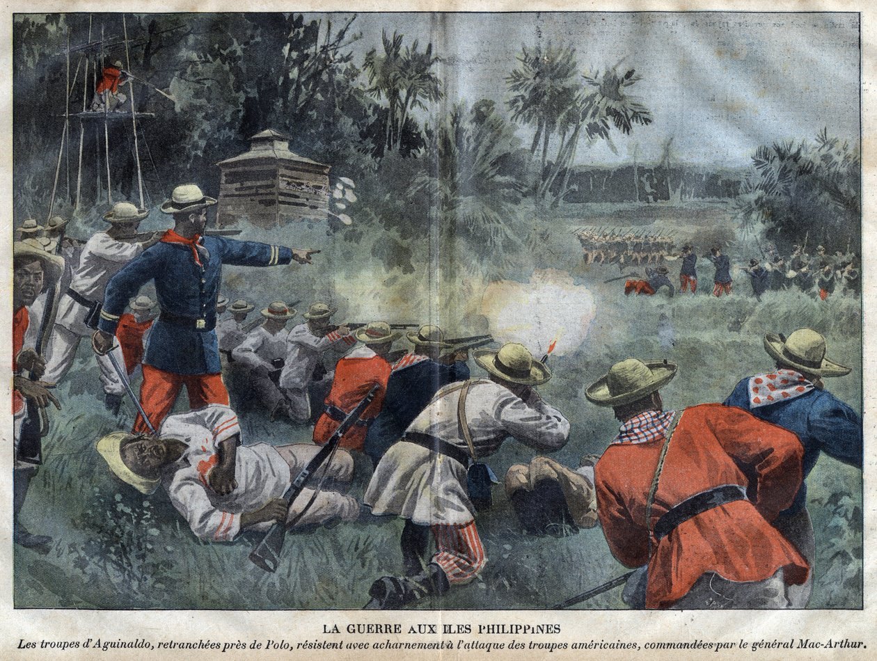 Guerra Filipino-Estadounidense - Guerra Filipino-Americana - Las tropas de Emilio Aguinaldo, cortadas cerca de Polo, resisten ferozmente el ataque de las tropas estadounidenses comandadas por el General Mac-Arthur - grabado en “Le-Pelerin” de 1899 de Unknown artist