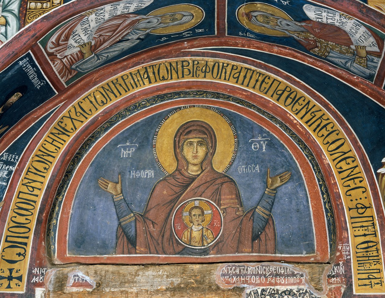 Phorbiotissa Panagia, Nuestra Señora de Cristo en Medallón, fresco (1332-1333), iglesia bizantina de Nuestra Señora de Asinou (siglo XII) (Lista del Patrimonio Mundial de la Unesco, 2001), montañas Troodos, Chipre de Unknown artist