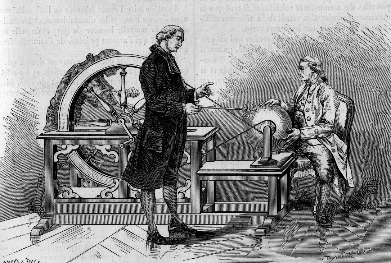 Experiencia de física en el siglo XVIII: resplandor producido por una máquina eléctrica. (De Abbe Nollet). Grabado en "La Nature: revue des sciences et de leurs aplicaciones aux arts et a l