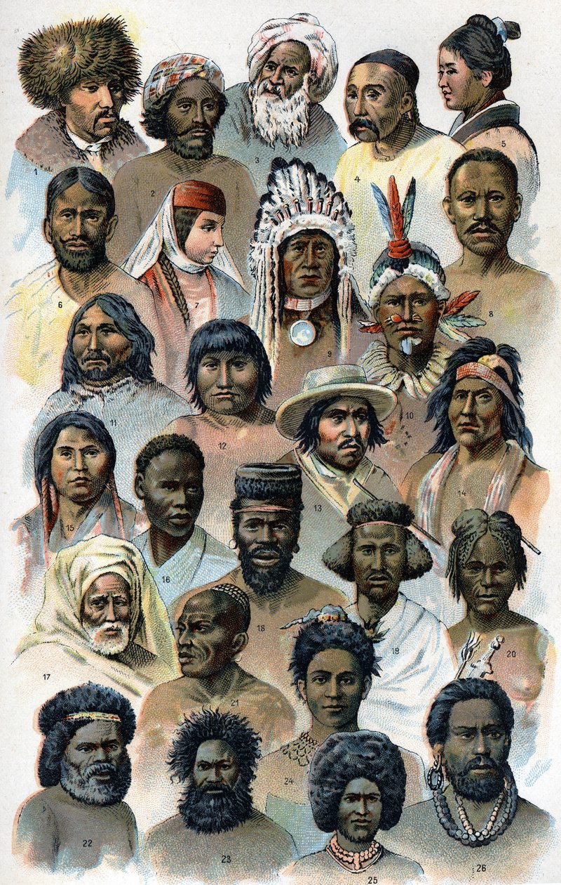 Fisonomía y forma de la cabeza de razas humanas extranjeras. En "La nueva medicina natural" de F.E. Bilz. 1898. de Unknown artist