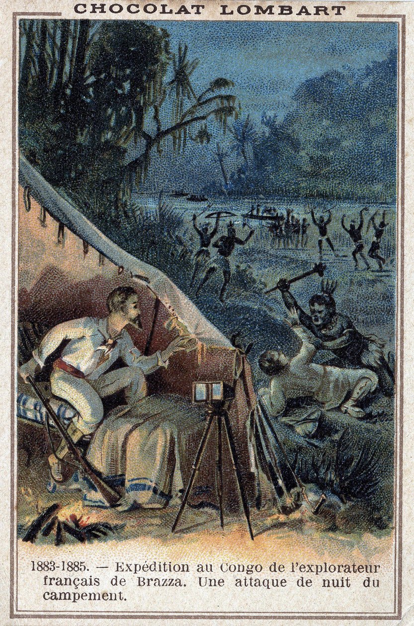 Pierre Savorgnan de Brazza (1852-1905), explorador francés, en las orillas del Congo. Un ataque nocturno al campamento de Unknown artist