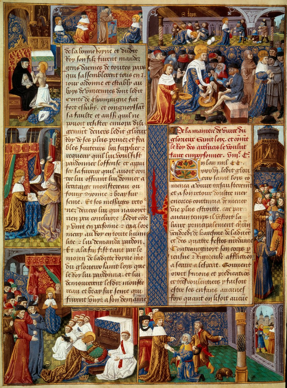 Escena piadosa: El rey Luis IX (1214-1270) (San Luis) lavando los pies de los pobres, el rey rezando y escenas de caridad cristiana del rey. Miniatura de un manuscrito El Libro de los Hechos de Monseñor San Luis. Siglo XV. París, B.N. de Unknown artist