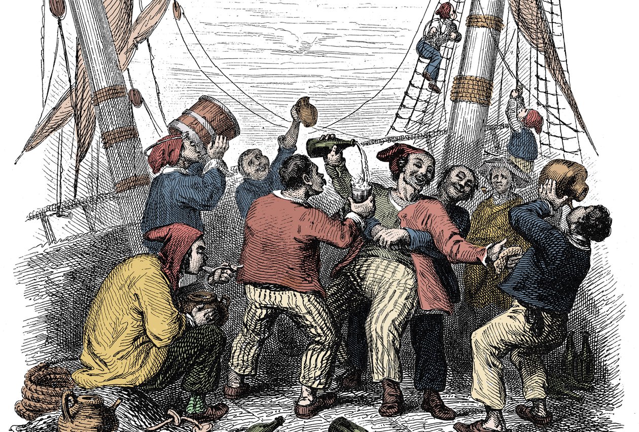 Piratas celebrando la captura de un rico botín tras el ataque a un barco enemigo. Grabado del siglo XIX de Unknown artist