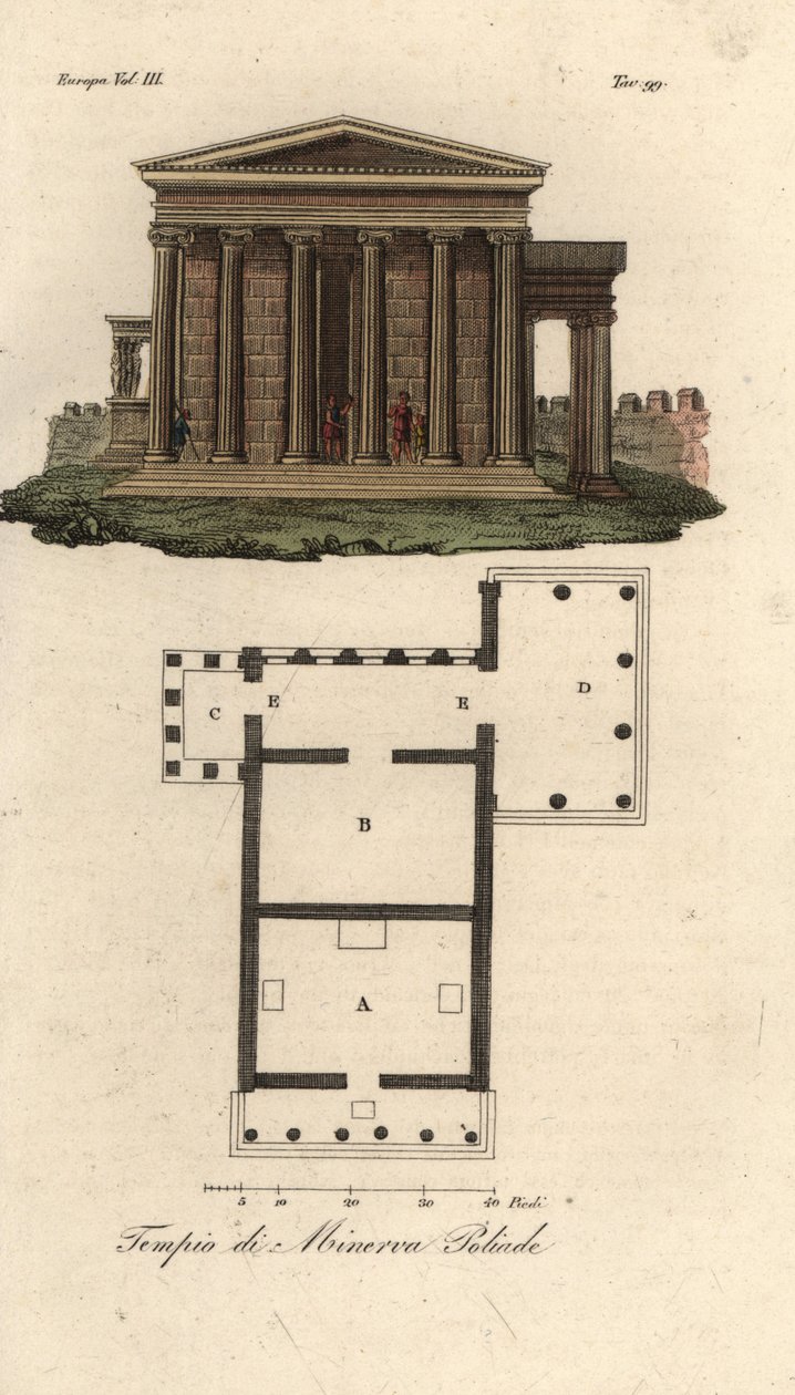 Plano y elevación del Erecteión o Erecteón A, Templo de Neptuno B, Templo de Atenea Polias con Pórtico de las Cariátides C, y Templo de Pandrosos o Pandrosión D de Unknown artist